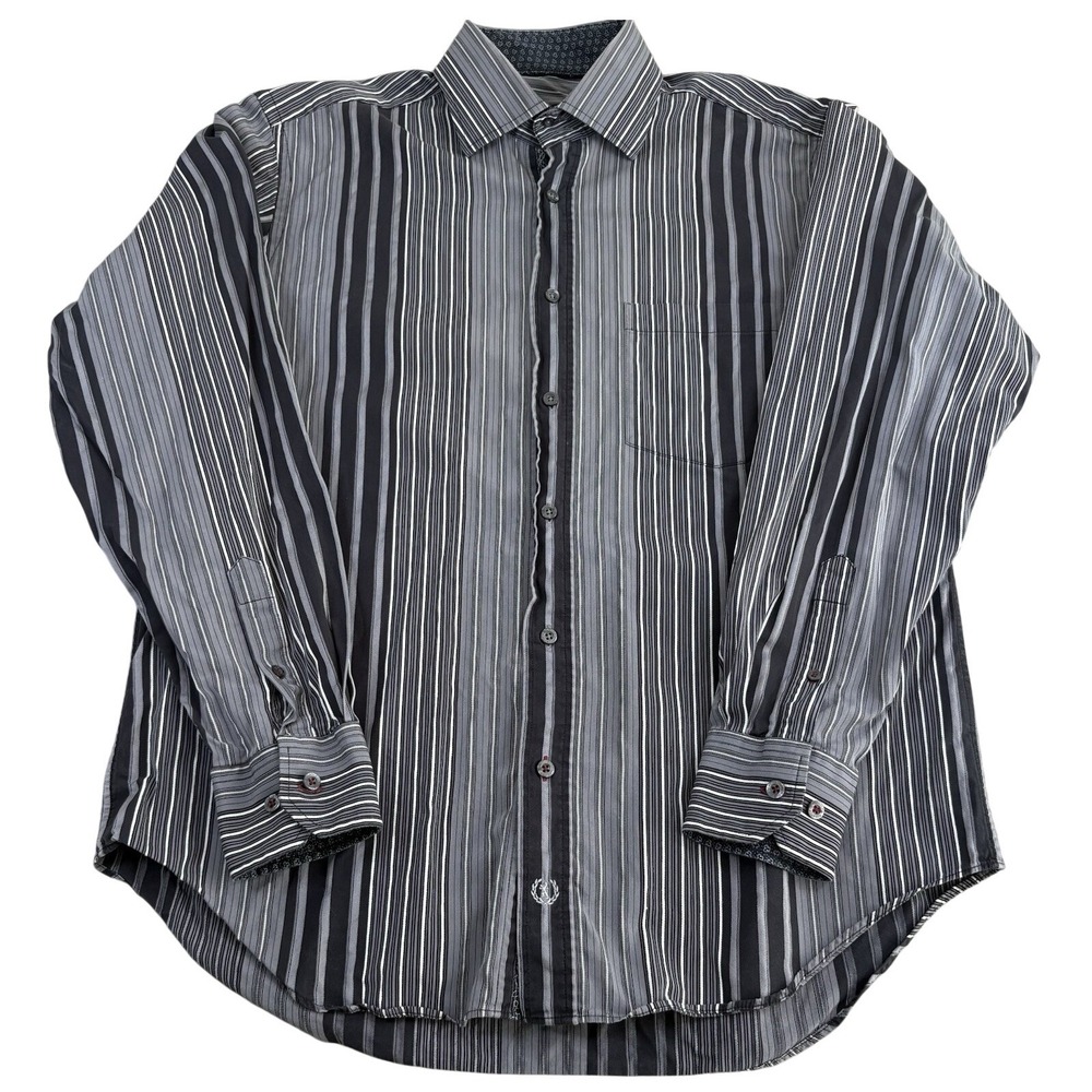 Bugatchi Button Down Shirt Mens L Striped Black Grey Cotton Long Sleeve Designer